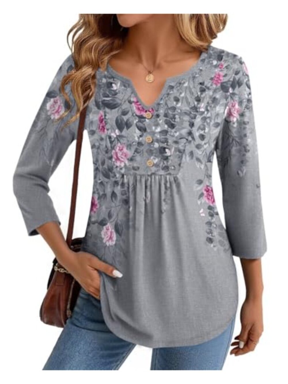 Womens 3/4 Sleeve V Neck Pleated Blouse Casual Work Top